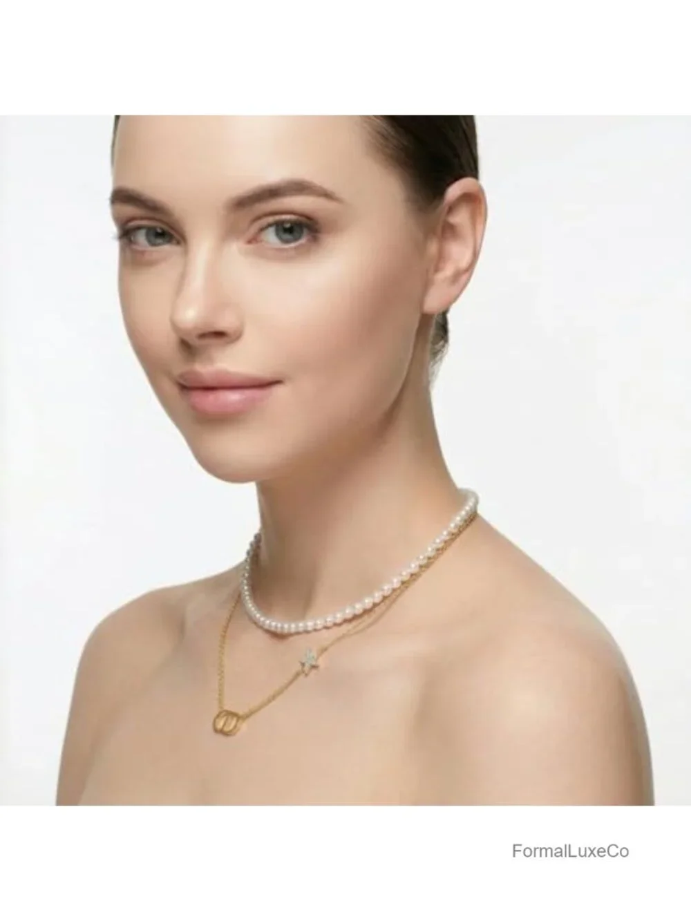 18K Gold Plated Pearl Necklace, Layered Design with Letter Pendant